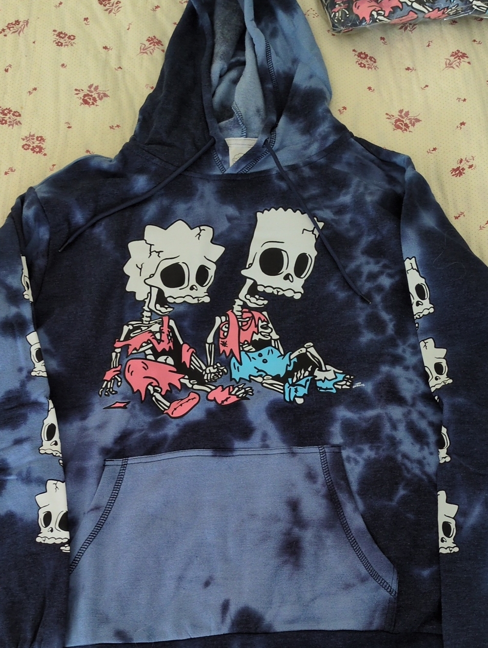 Men's Navy Tie-Dye Crewneck Sweater with Skeleton Graphic